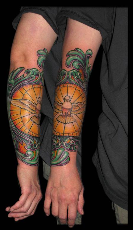 Tattoos - Stained Glass Dove with Filigree arm detail  - 65088